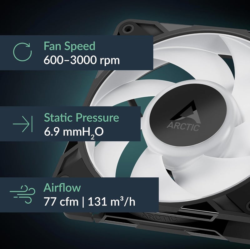 Arctic P12 Pro A-RGB - Powerful Premium Fan, 120 mm PWM Fan with Y-Cable Splitter, 600-3000 RPM, 0 RPM <5% PWM, 5V Digital RGB, Fluid Dynamic Bearing, 4-Pin - Black - Image 2